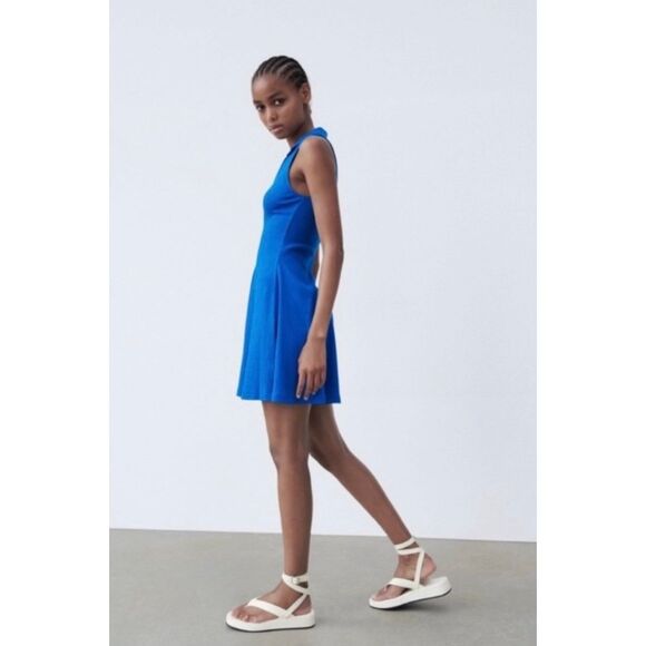 ✨ZARA Lapel Collar Ribbed Royal Blue Sz Large Dress✨ - Picture 2 of 14